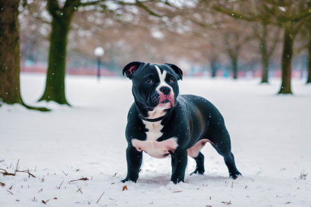 Portrait of an american bully dog in the park in winterの素材