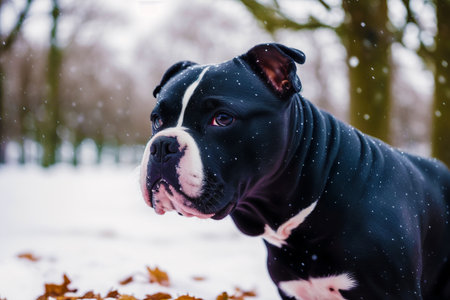 American staffordshire bull terrier dog portrait in winter snowfallの素材