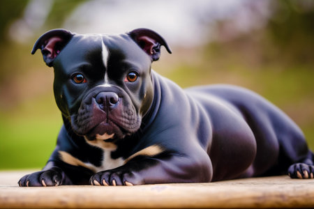 Cute black american staffordshire bull terrier dog lying on wooden tableの素材