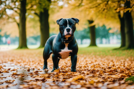 Portrait of a staffordshire bull terrier in autumn parkの素材