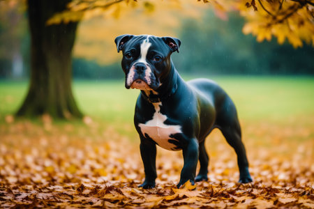 American staffordshire bull terrier standing in autumn park. Selective focus.の素材