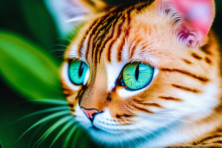 Beautiful cat with green eyes on the background of green leaves.の素材