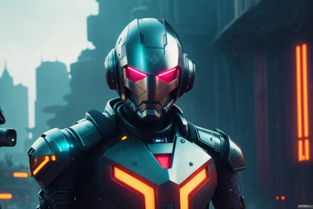 3D rendering of a cyber man in front of a city backgroundの素材