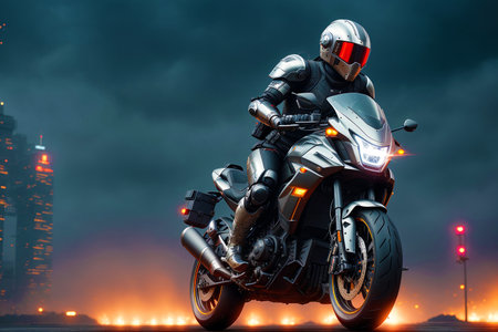 Racing motorcycle in the city at night. 3D rendering.の素材