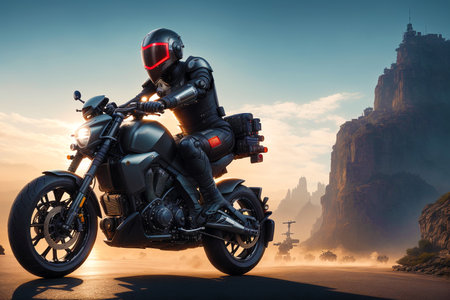 Cyborg rider on a motorcycle in the mountains. 3d renderingの素材