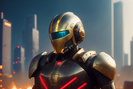 3D rendering of a futuristic robot in the background of the cityの素材