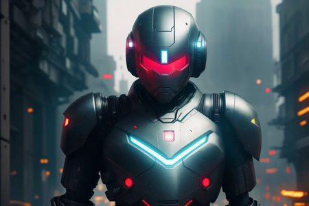 3D rendering of a robot with neon lights in a futuristic cityの素材