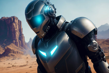 Cyborg in the desert. 3d rendering. Computer digital drawing.の素材