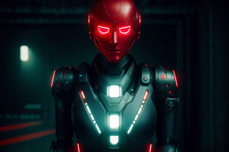 3d rendering humanoid robot in red neon light on dark background.の素材