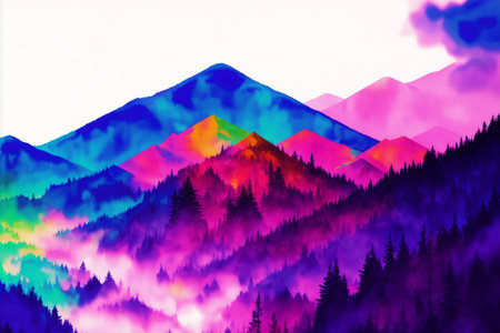 Landscape with mountains and clouds in neon colors. Vector illustration.の素材