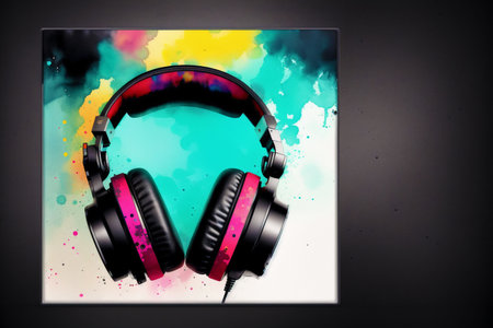Headphones on grunge background with colorful splashes. Music conceptの素材