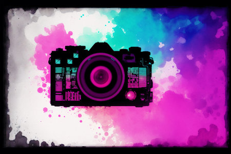 Digital camera on grunge watercolor background with space for your textの素材