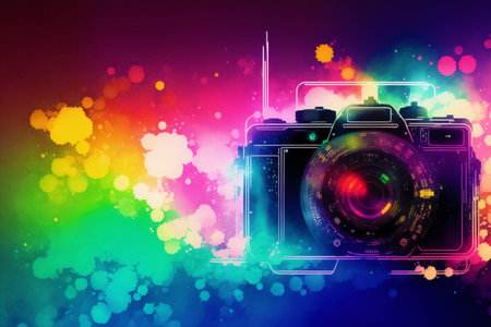 Retro camera on colorful bokeh background. Digital illustration.の素材