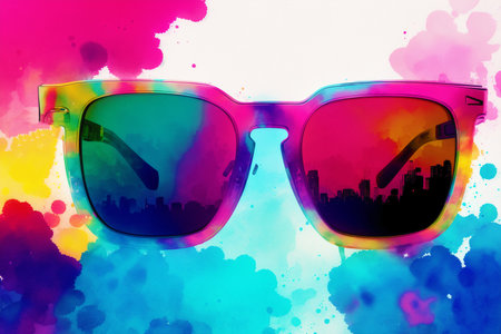 Sunglasses on abstract watercolor background. Colorful illustration.の素材