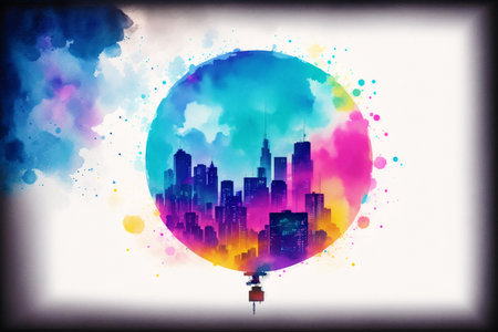 Abstract watercolor background with colorful city and rainbow. Vector illustration.の素材