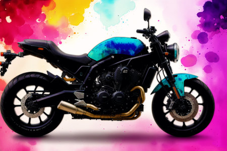 Motorcycle with abstract colorful paint splashes. 3d illustration.の素材