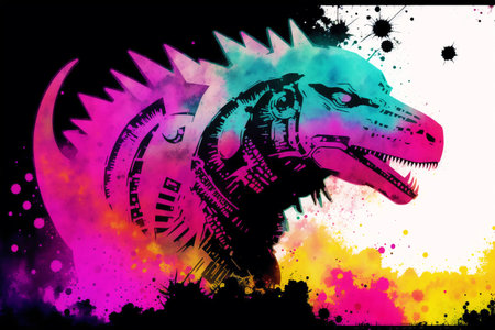 Dragon head with grunge textures and watercolor splashes. Vector illustration.の素材