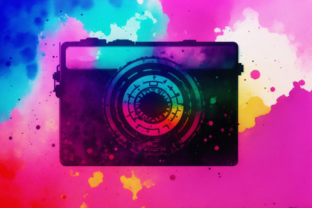 Digital camera on abstract colorful watercolor background. Photography and technology conceptの素材