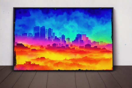 Abstract colorful cityscape background with wooden floor and space for your textの素材