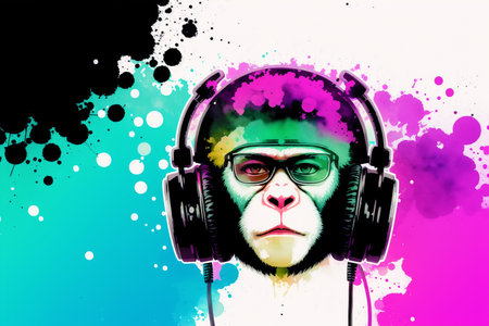 Portrait of a monkey listening to music with headphones and colorful splashesの素材