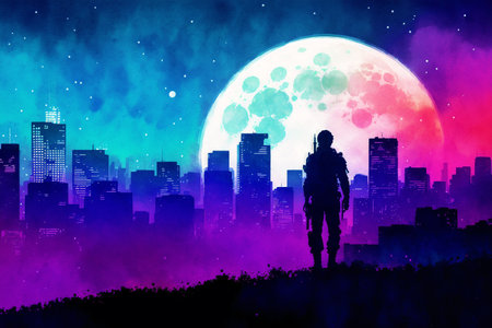 Silhouette of a man on a background of the night cityの素材