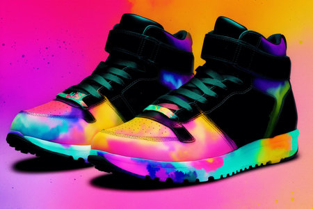 Pair of black sport shoes on multicolored background. 3D renderingの素材