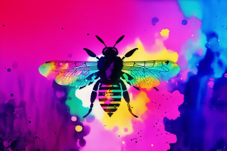 Silhouette of a bee on a colorful background. Abstract illustrationの素材