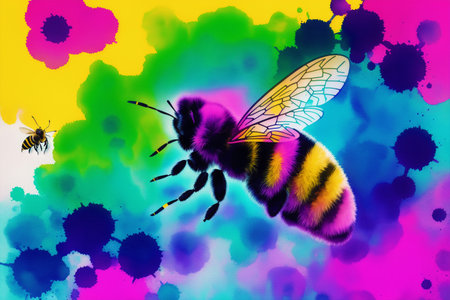 Illustration of a bee on a colorful background with flowers and blotsの素材