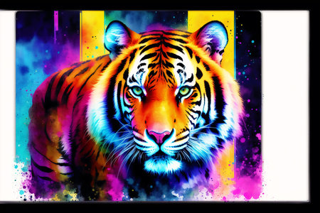 Tiger head on colorful abstract background with space for your text.の素材