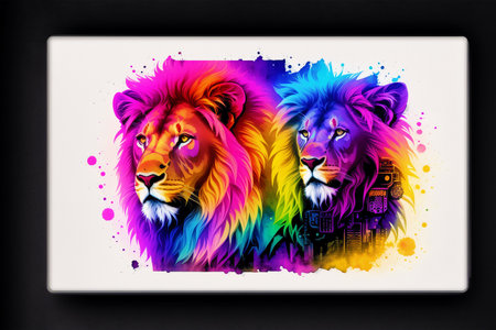Lion and lioness on a black background. Colorful illustration.の素材
