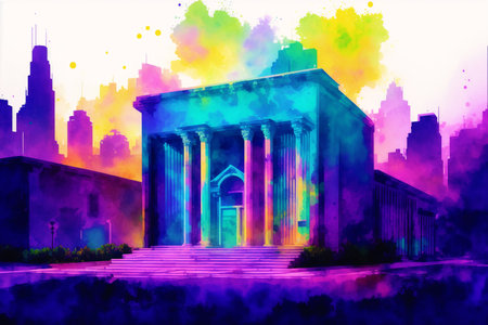 Bank of America building on abstract watercolor background. Digital art paintingの素材
