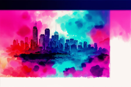 abstract colorful background with modern skyscrapers and clouds in watercolor styleの素材