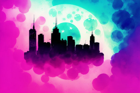 abstract watercolor background with the silhouette of the city and the moonの素材