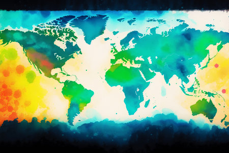 Abstract watercolor background with map of the world. Vector illustration.の素材