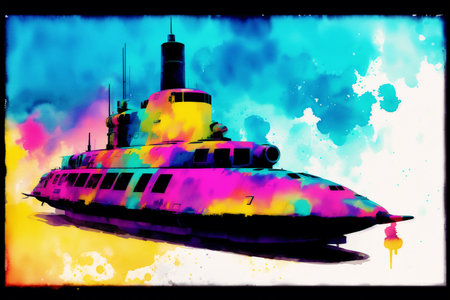submarine on watercolor background, digital art illustration, image contains transparencyの素材