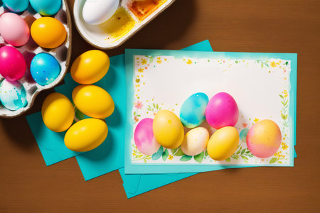 Easter greeting card with colorful eggs on wooden background. Top viewの素材