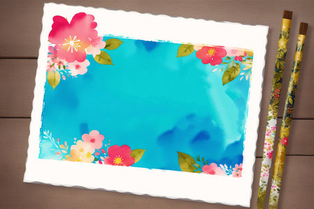 Watercolor flower frame with chopsticks on wooden background. Top viewの素材