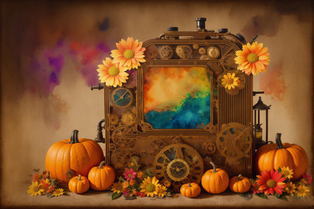 Vintage background with pumpkins, antique clock, flowers and leavesの素材