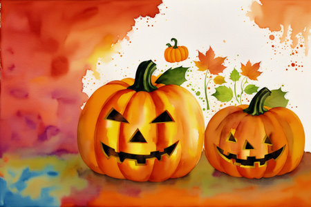 Halloween pumpkins on abstract watercolor background. Vector illustration.の素材