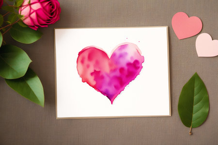 Valentines day greeting card with heart and flowers on wooden backgroundの素材