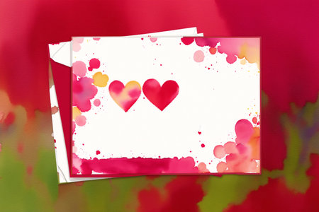 Valentine's day greeting card with red hearts on watercolor backgroundの素材