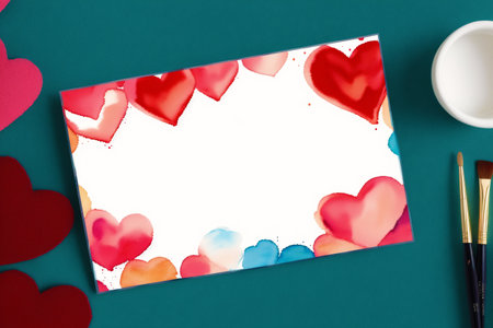 Valentine's Day greeting card on green background. Top view with copy spaceの素材