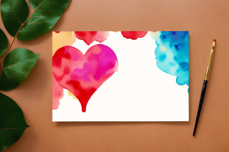 Watercolor hearts and brush on paper background. Valentines day cardの素材