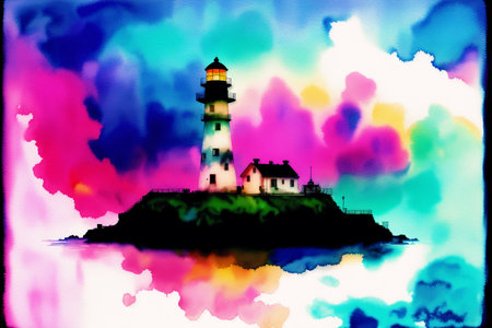 Lighthouse on the island in the watercolor style. Digital painting.の素材
