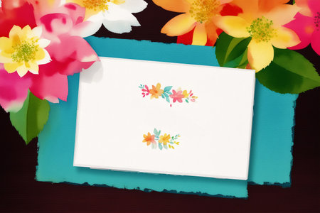 Card for invitation or congratulation with flowers and leaves on a dark backgroundの素材
