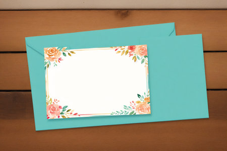 Wedding invitation card and envelope on wooden background. Top viewの素材