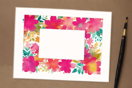 Photo frame with watercolor flowers and pen on beige background.の素材