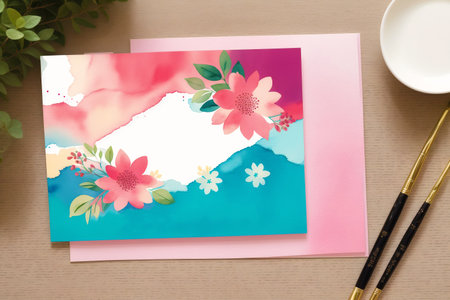 Korean traditional style greeting card with flowers and calligraphy.の素材