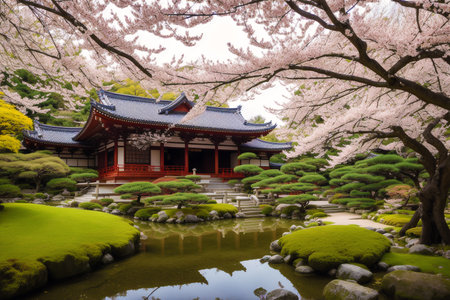 Japanese garden with cherry blossom trees in spring, Kyoto, Japanの素材