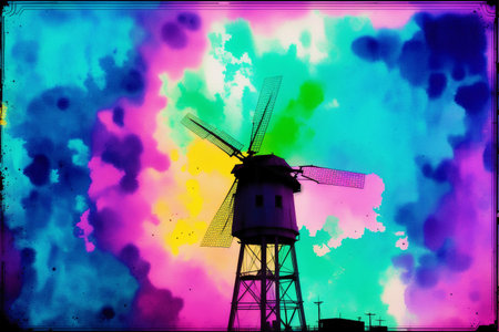 Old windmill on colorful watercolor background. Digital art painting.の素材